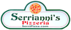 Serrianni's Pizzeria it's a pizza pie above the words "serrianni's pizzeria" and below serripizza.com in an oval with a green border ans pizzeria is in red for the italian flag green whit and red.