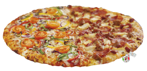 An image of a Half Deluxe and Half Hawaiian Pizza baked to perfection, it looks scrumptious!!