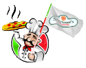 a small image of an italian chef holding up a pizza and holding a flag with the serrianni's logo in the center