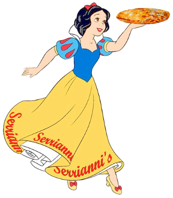Snow White look-a-like cartoon smiling and twirling with a pizza hoisted on her hand with "Serrianni's"spelled out along the bottom of her dress, she is smiling and looks very happy.