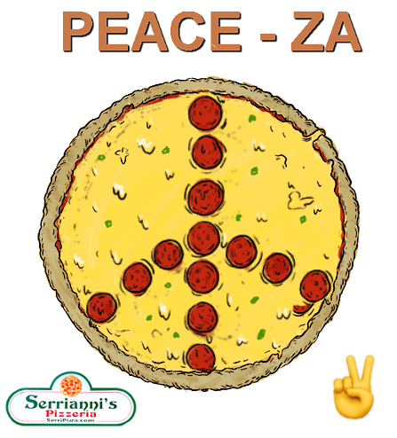 image of a pizza with pepperoni arranged so the pizza looks like a peace sign, it's funny looking